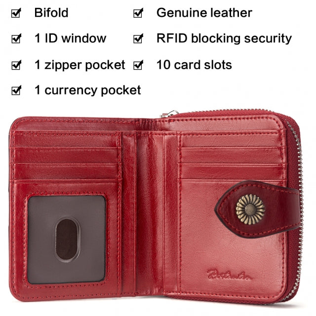 BOSTANTEN Leather Wallets for Women RFID Blocking Zipper Pocket Small Bifold Wallet Card Case