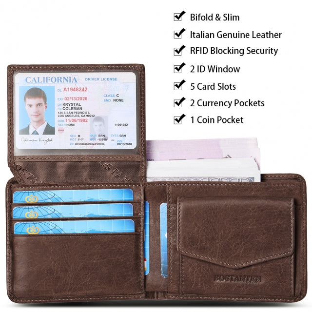 BOSTANTEN Genuine Leather Wallets for Men Bifold RFID Blocking Wallet with 2 ID Window